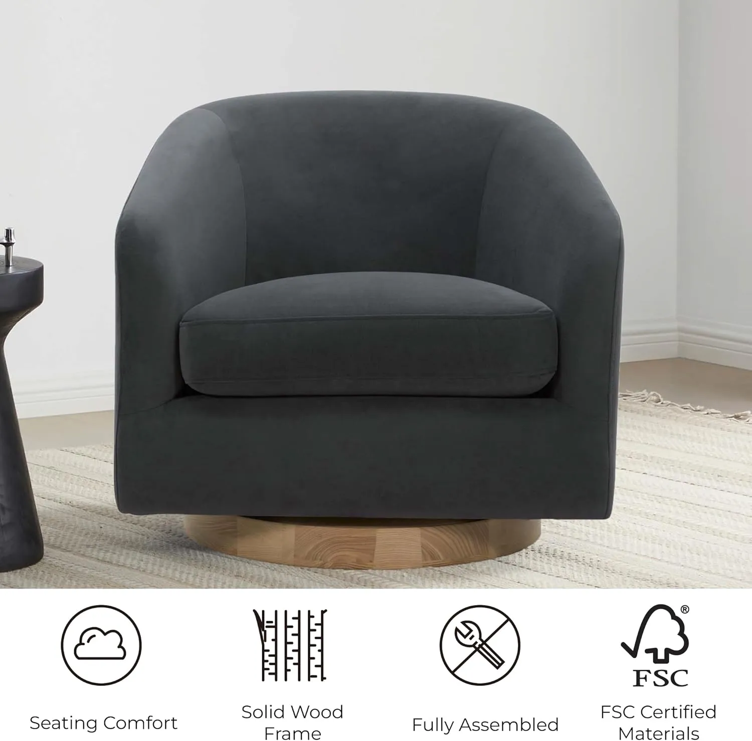 CHITA Swivel Accent Chair, FSC Certified Upholstered Velvet Barrel Chair for Living Room, Fully Assembled, Grey