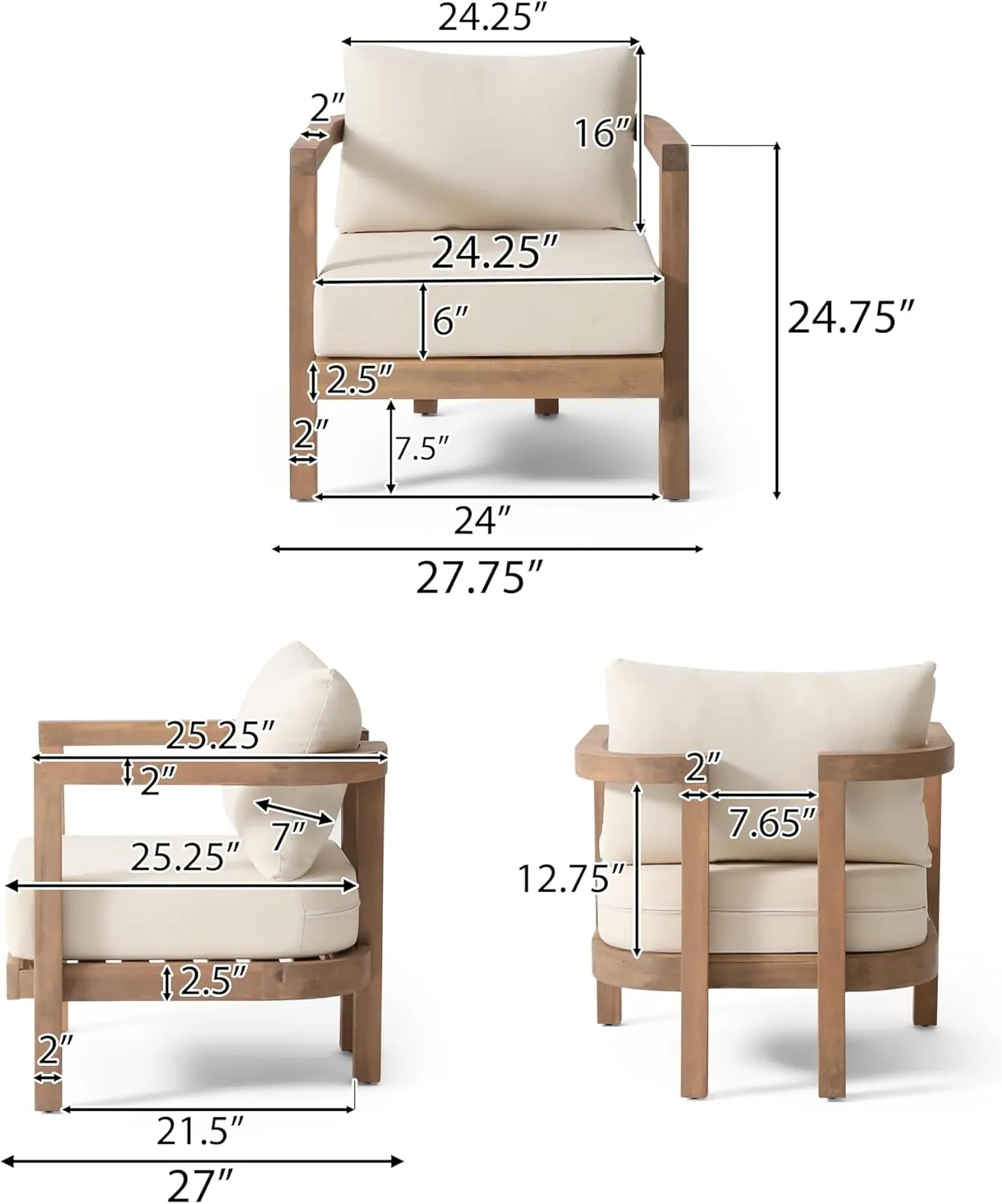 Christopher Knight Home Orion Outdoor Acacia Wood Club Chair with Tub Shape and Slat Panel, Patio Armchair, Water-Repellent Thick Cushion Seating for Garden Backyard Balcony, Brown Wash Beige