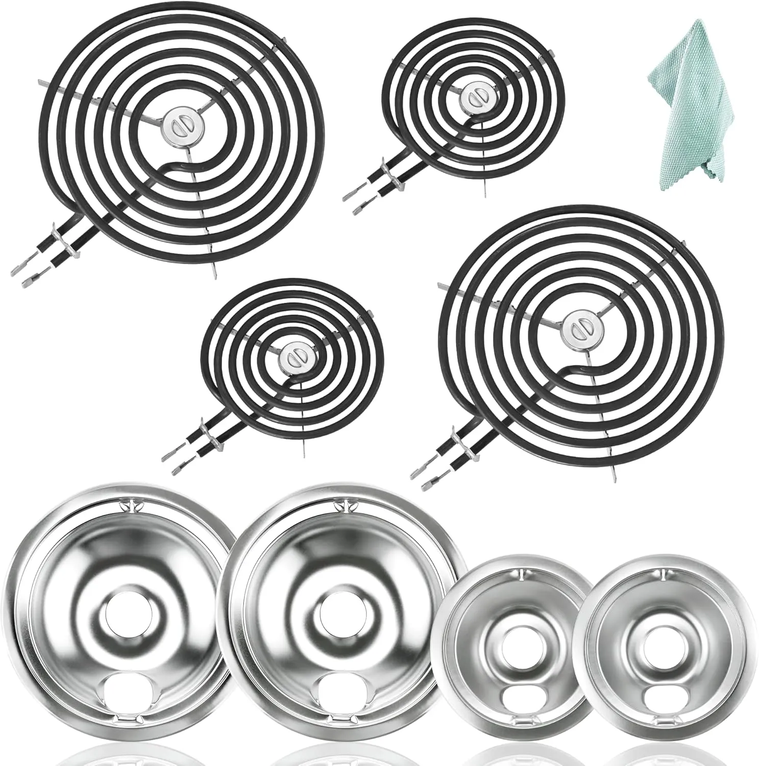 Chrome Drip Pans WB31T10010(6") WB31T10011(8") & Surface Electric Stove Burner Element WB30M1(6") WB30M2(8") Replacement Compatible with Hot-point G.E Ken-more Electric Range by Fetechmate