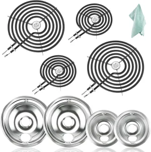 Chrome Drip Pans WB31T10010(6") WB31T10011(8") & Surface Electric Stove Burner Element WB30M1(6") WB30M2(8") Replacement Compatible with Hot-point G.E Ken-more Electric Range by Fetechmate