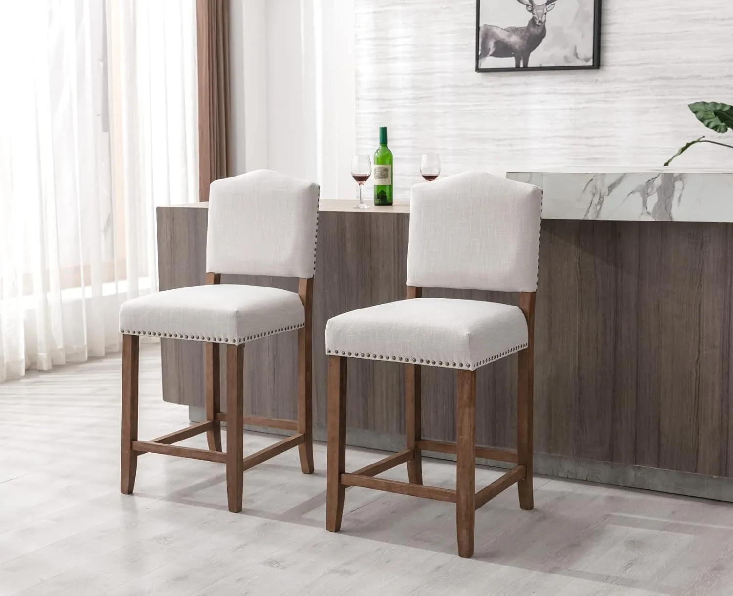 CIMOTA Counter Height Bar Stools Set of 2 Farmhouse Bar Chairs Mid Century Counter Stools Barstools with Back Kitchen Stools with Wood Legs for Island/Home Bar/Pub/Dining Room, Linen Beige, 26 Inch