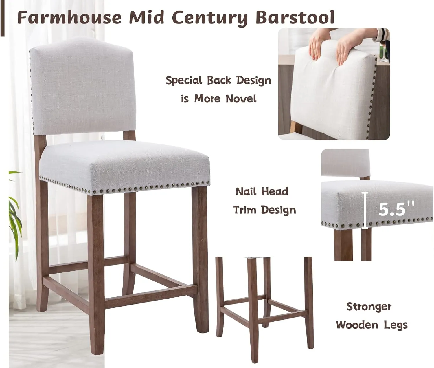 CIMOTA Counter Height Bar Stools Set of 2 Farmhouse Bar Chairs Mid Century Counter Stools Barstools with Back Kitchen Stools with Wood Legs for Island/Home Bar/Pub/Dining Room, Linen Beige, 26 Inch