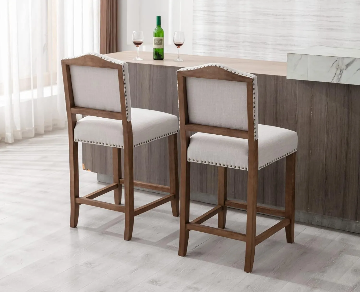 CIMOTA Counter Height Bar Stools Set of 2 Farmhouse Bar Chairs Mid Century Counter Stools Barstools with Back Kitchen Stools with Wood Legs for Island/Home Bar/Pub/Dining Room, Linen Beige, 26 Inch