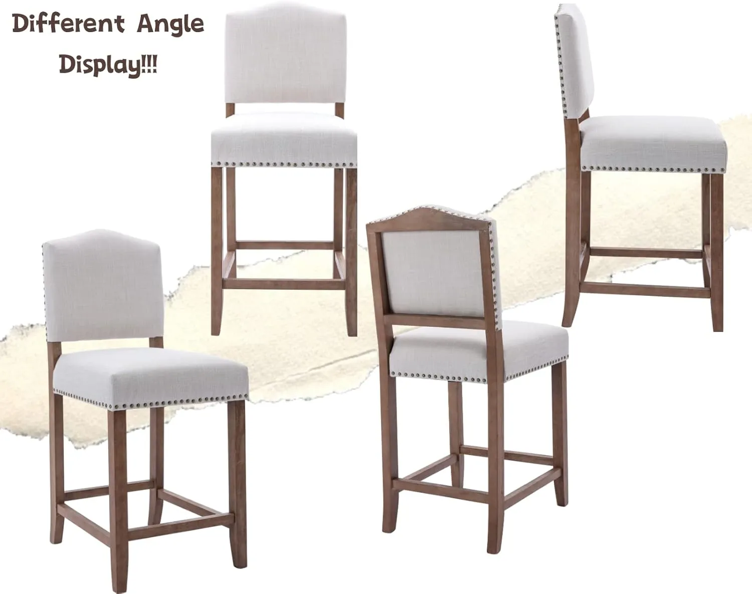 CIMOTA Counter Height Bar Stools Set of 2 Farmhouse Bar Chairs Mid Century Counter Stools Barstools with Back Kitchen Stools with Wood Legs for Island/Home Bar/Pub/Dining Room, Linen Beige, 26 Inch