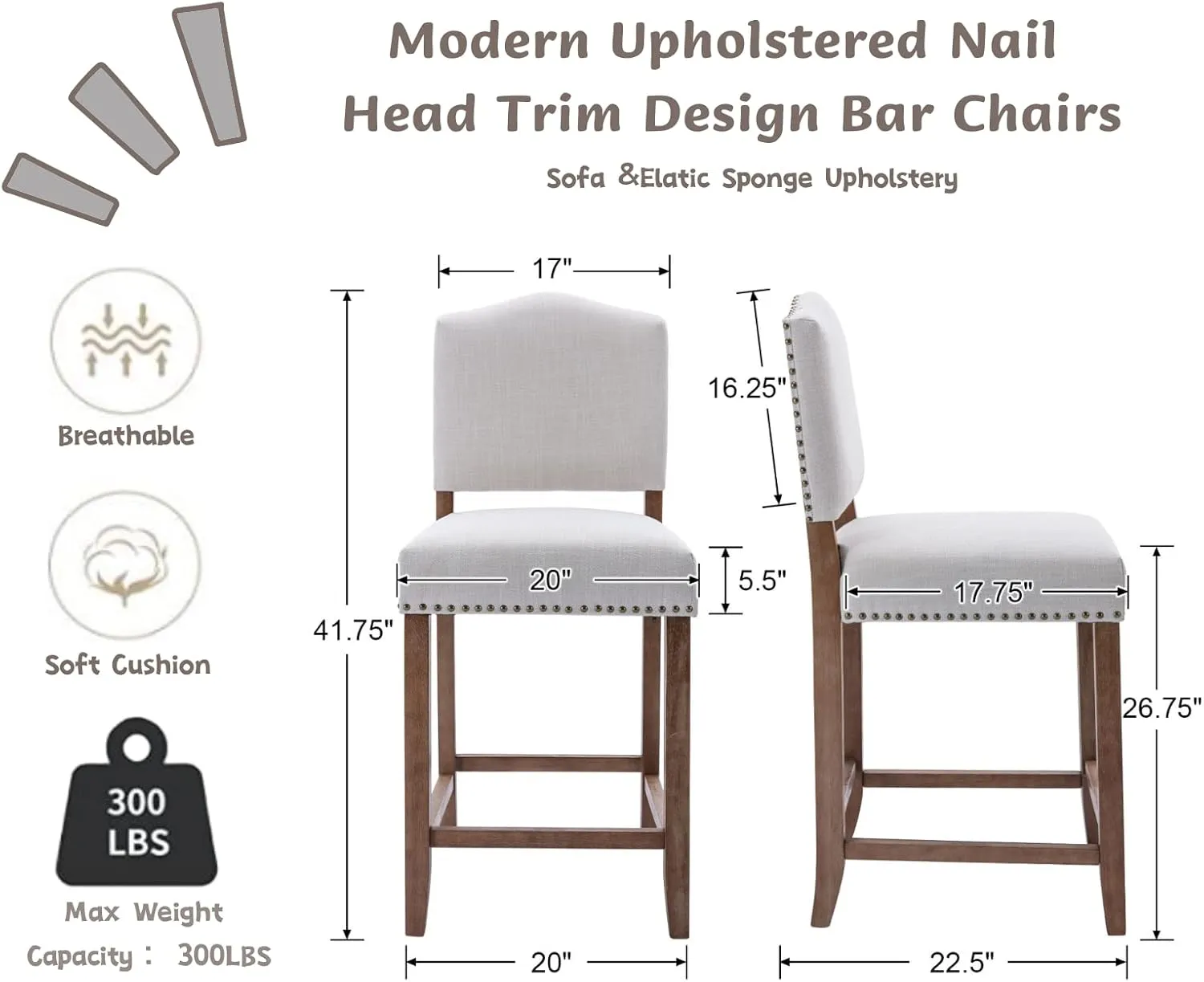 CIMOTA Counter Height Bar Stools Set of 2 Farmhouse Bar Chairs Mid Century Counter Stools Barstools with Back Kitchen Stools with Wood Legs for Island/Home Bar/Pub/Dining Room, Linen Beige, 26 Inch