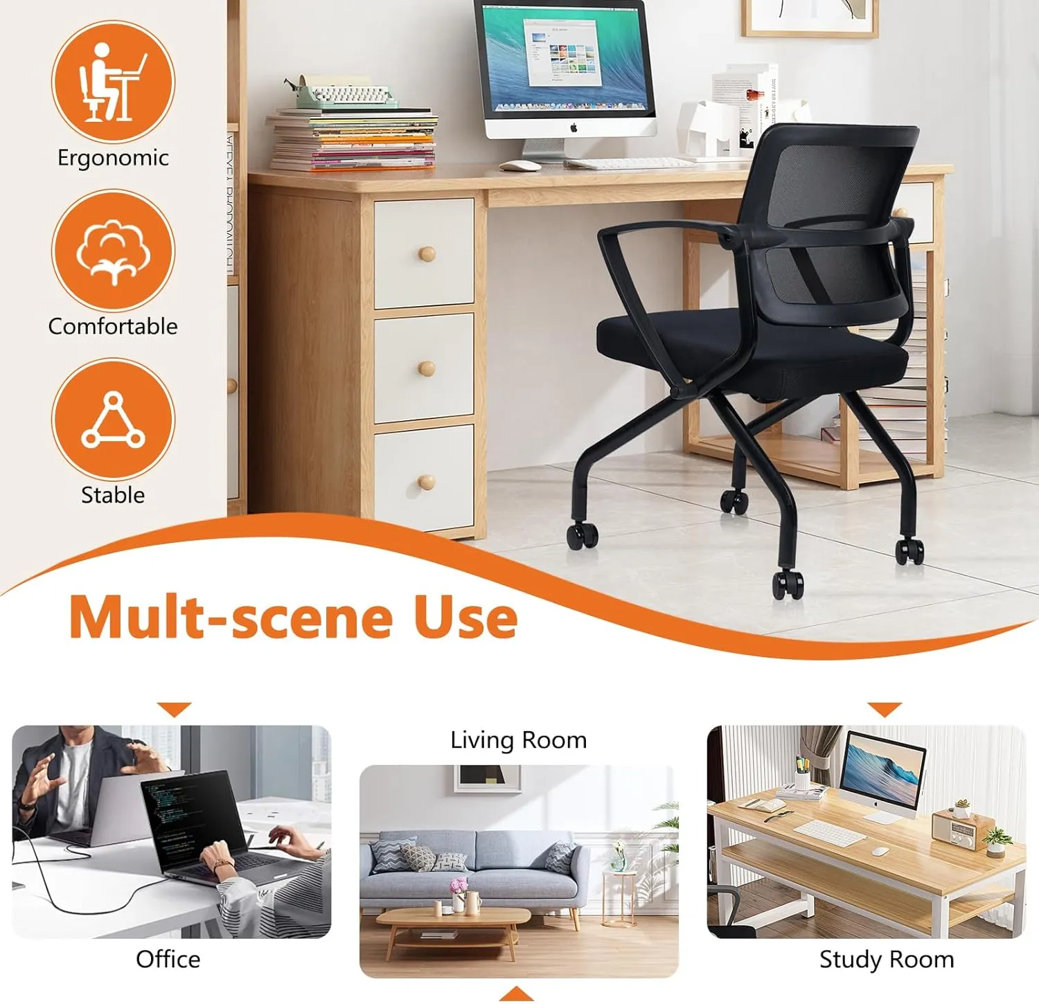 CLATIN Stackable & Foldable Office Chairs with Ergonomic Lumbar Support and Thick Cushion, Heavy Duty Folding Mesh Office Reception Guest Chair 350LBS, for School Conference Waiting Room Black (1PC)