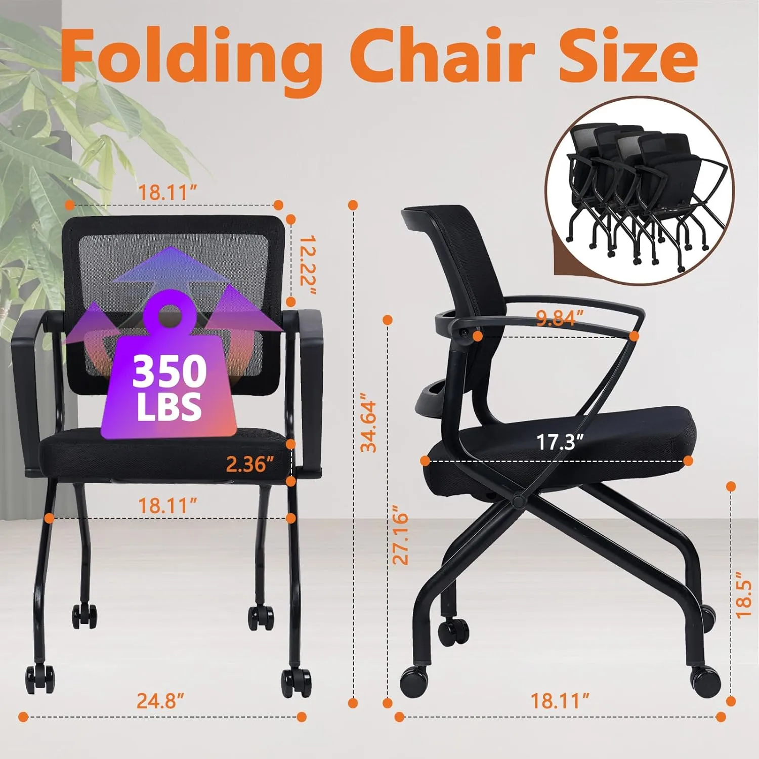 CLATIN Stackable & Foldable Office Chairs with Ergonomic Lumbar Support and Thick Cushion, Heavy Duty Folding Mesh Office Reception Guest Chair 350LBS, for School Conference Waiting Room Black (1PC)