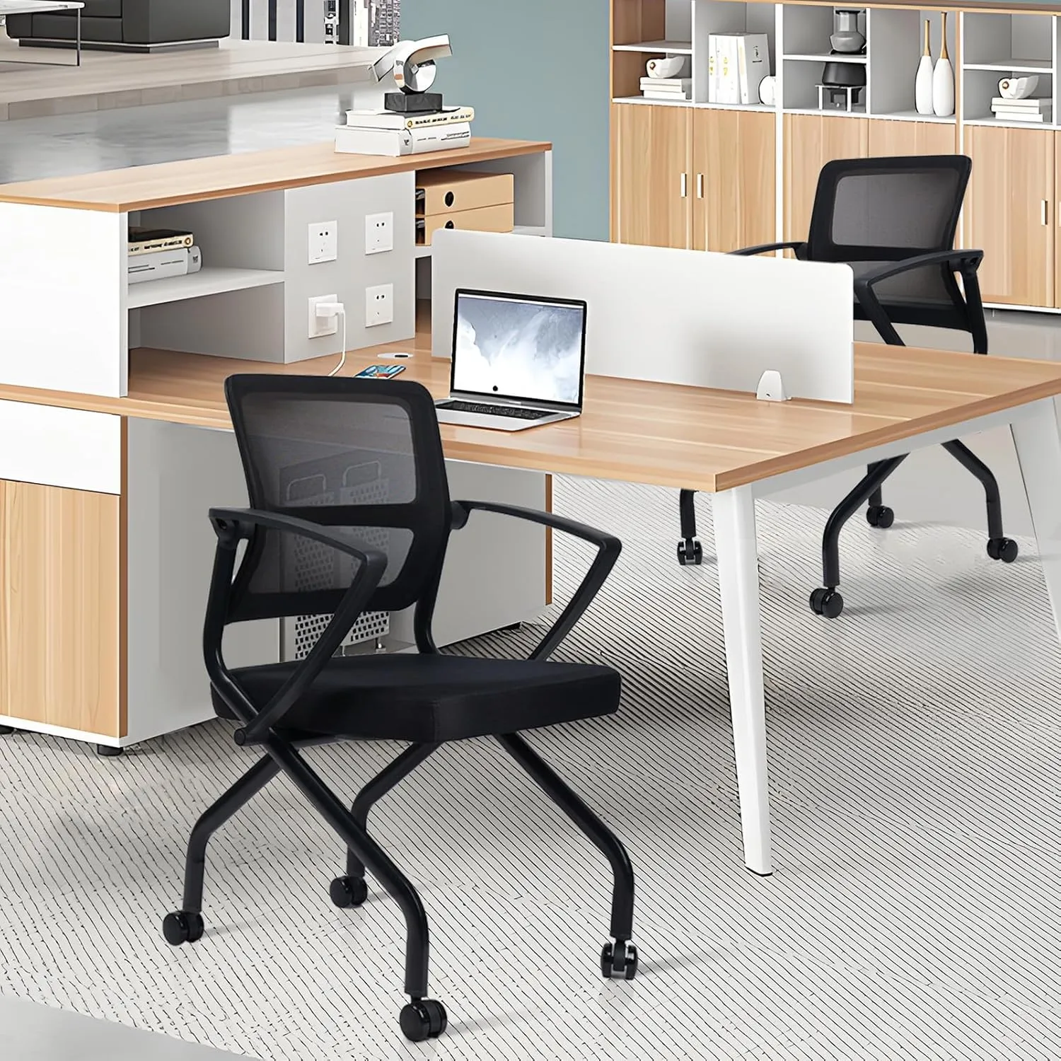CLATIN Stackable & Foldable Office Chairs with Ergonomic Lumbar Support and Thick Cushion, Heavy Duty Folding Mesh Office Reception Guest Chair 350LBS, for School Conference Waiting Room Black (1PC)