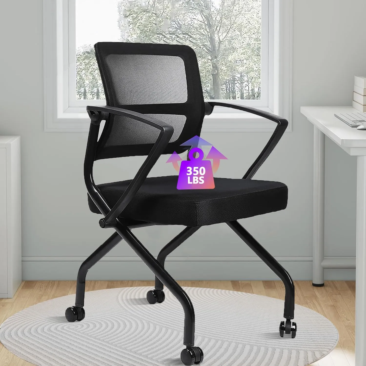 CLATIN Stackable & Foldable Office Chairs with Ergonomic Lumbar Support and Thick Cushion, Heavy Duty Folding Mesh Office Reception Guest Chair 350LBS, for School Conference Waiting Room Black (1PC)