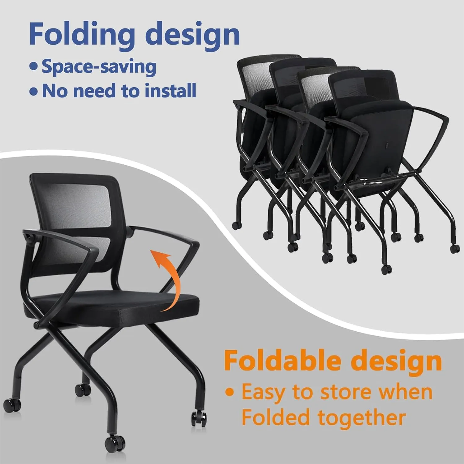 CLATIN Stackable & Foldable Office Chairs with Ergonomic Lumbar Support and Thick Cushion, Heavy Duty Folding Mesh Office Reception Guest Chair 350LBS, for School Conference Waiting Room Black (1PC)