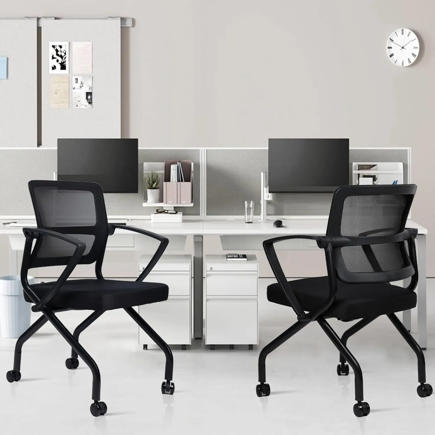 CLATIN Stackable & Foldable Office Chairs with Ergonomic Lumbar Support and Thick Cushion, Heavy Duty Folding Mesh Office Reception Guest Chair 350LBS, for School Conference Waiting Room Black (1PC)