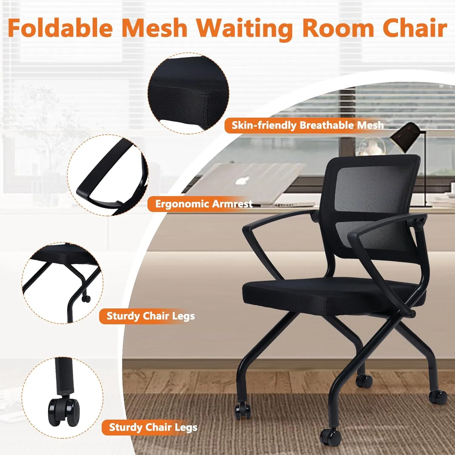 CLATIN Stackable & Foldable Office Chairs with Ergonomic Lumbar Support and Thick Cushion, Heavy Duty Folding Mesh Office Reception Guest Chair 350LBS, for School Conference Waiting Room Black (1PC)