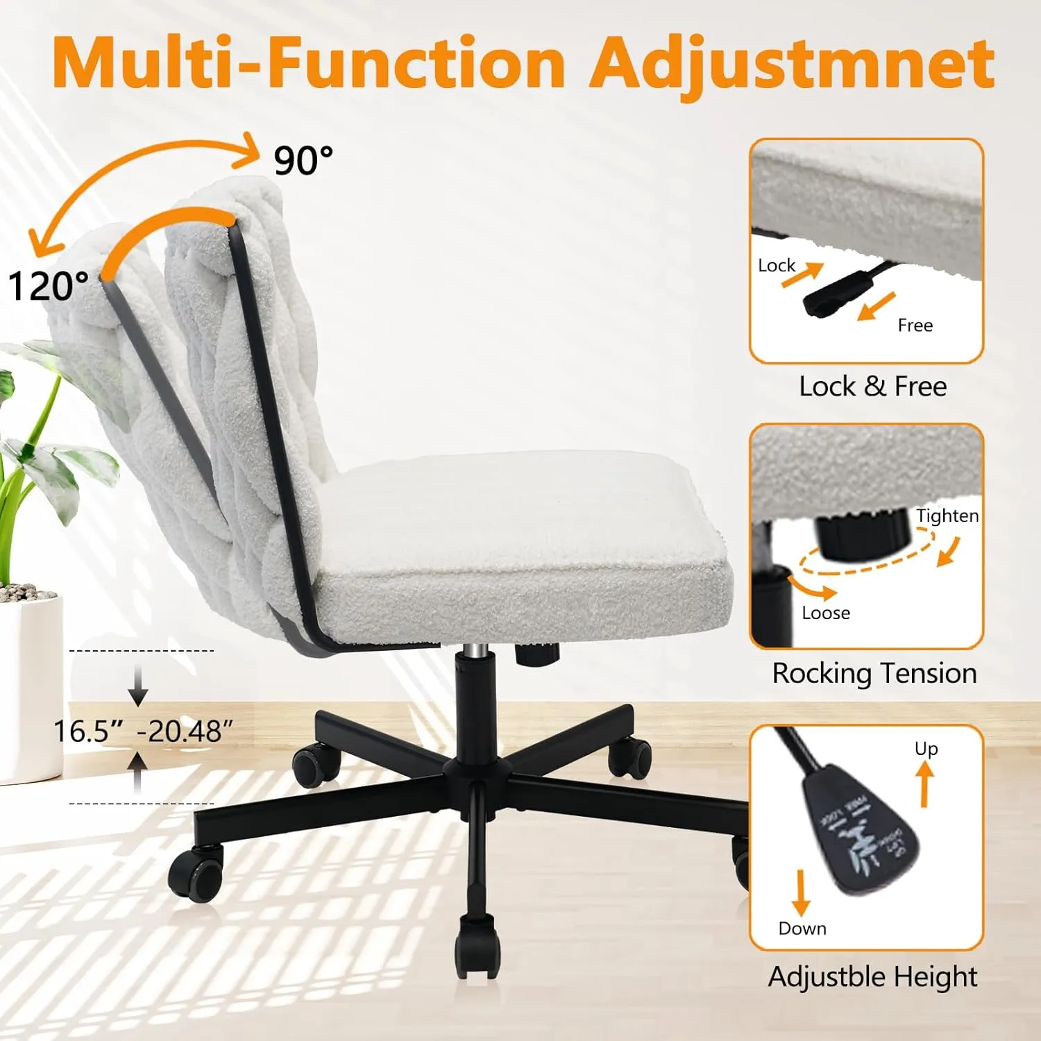 CLATINA Modern Armless Criss Cross Chair, Extra Wide Seat, Big and Tall 500LBS Heavy Duty Fabric Cross Legged Vanity Chair with Wheels, Oversize Computer Task Chair for Home Office Bedroom, White, 4PK