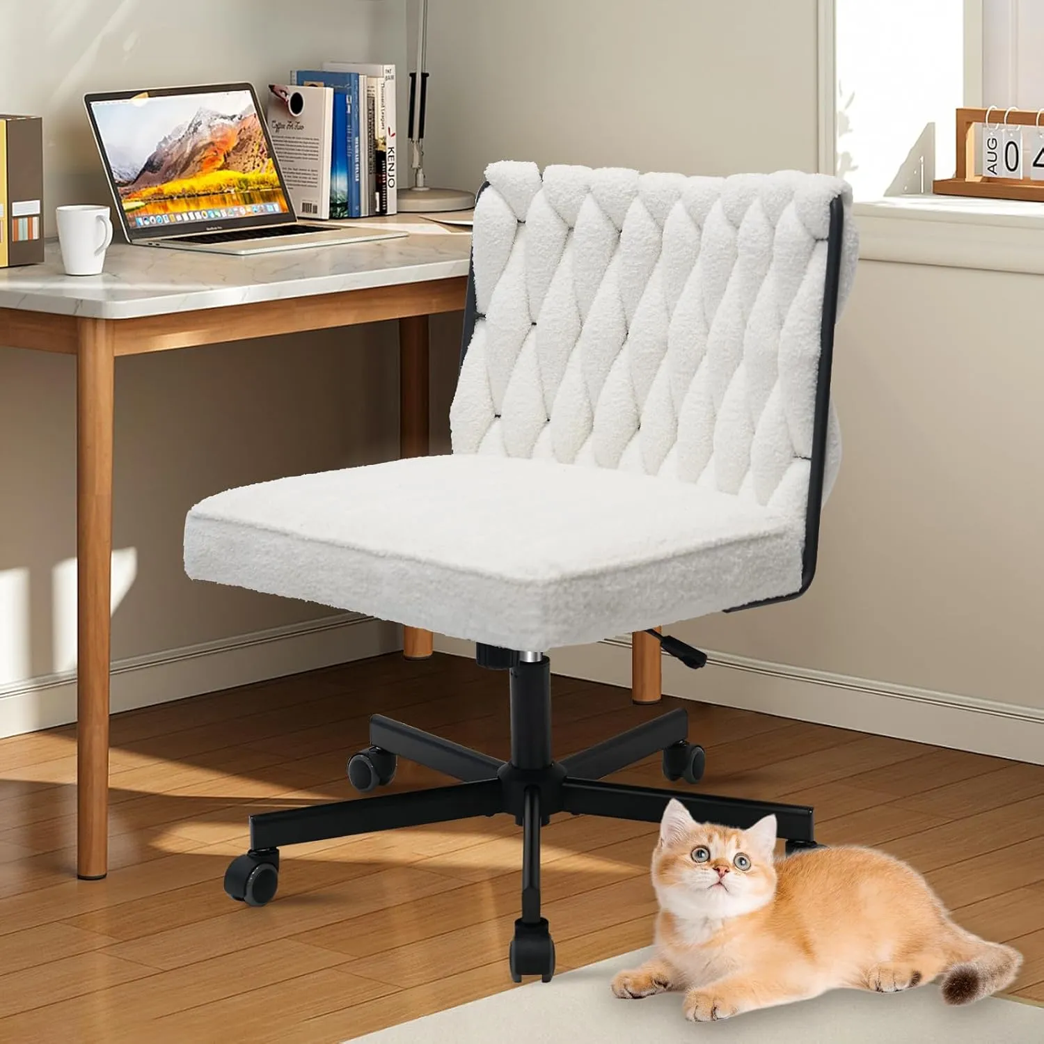 CLATINA Modern Armless Criss Cross Chair, Extra Wide Seat, Big and Tall 500LBS Heavy Duty Fabric Cross Legged Vanity Chair with Wheels, Oversize Computer Task Chair for Home Office Bedroom, White, 4PK