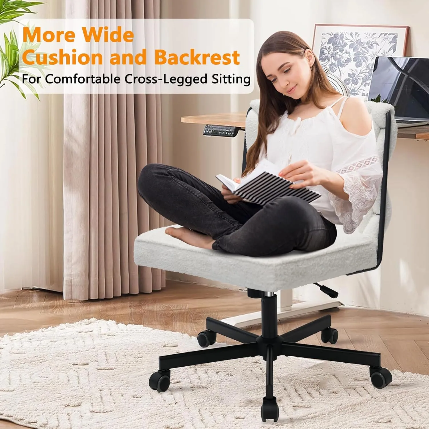 CLATINA Modern Armless Criss Cross Chair, Extra Wide Seat, Big and Tall 500LBS Heavy Duty Fabric Cross Legged Vanity Chair with Wheels, Oversize Computer Task Chair for Home Office Bedroom, White, 4PK