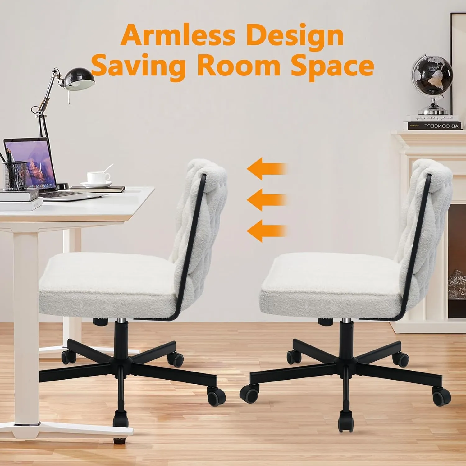 CLATINA Modern Armless Criss Cross Chair, Extra Wide Seat, Big and Tall 500LBS Heavy Duty Fabric Cross Legged Vanity Chair with Wheels, Oversize Computer Task Chair for Home Office Bedroom, White, 4PK