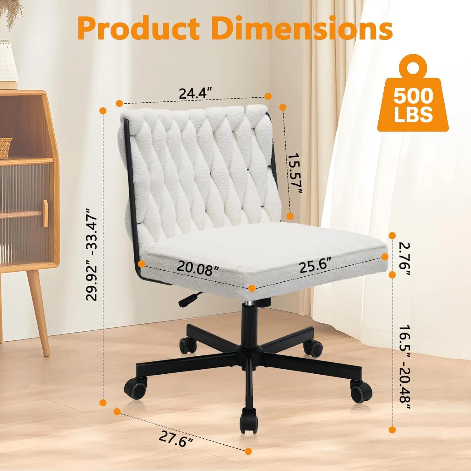 CLATINA Modern Armless Criss Cross Chair, Extra Wide Seat, Big and Tall 500LBS Heavy Duty Fabric Cross Legged Vanity Chair with Wheels, Oversize Computer Task Chair for Home Office Bedroom, White, 4PK