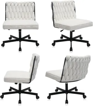 CLATINA Modern Armless Criss Cross Chair, Extra Wide Seat, Big and Tall 500LBS Heavy Duty Fabric Cross Legged Vanity Chair with Wheels, Oversize Computer Task Chair for Home Office Bedroom, White, 4PK