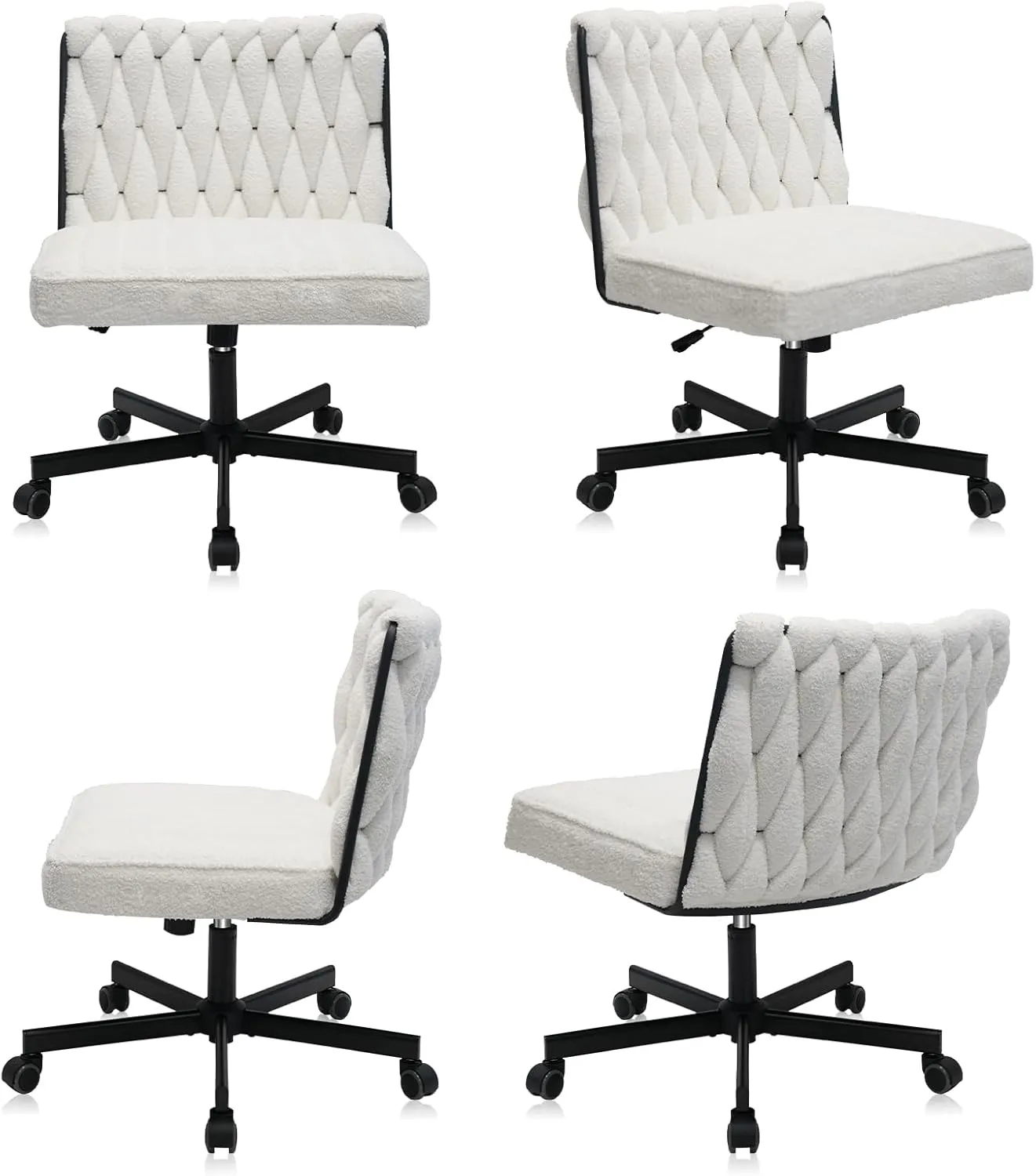 CLATINA Modern Armless Criss Cross Chair, Extra Wide Seat, Big and Tall 500LBS Heavy Duty Fabric Cross Legged Vanity Chair with Wheels, Oversize Computer Task Chair for Home Office Bedroom, White, 4PK