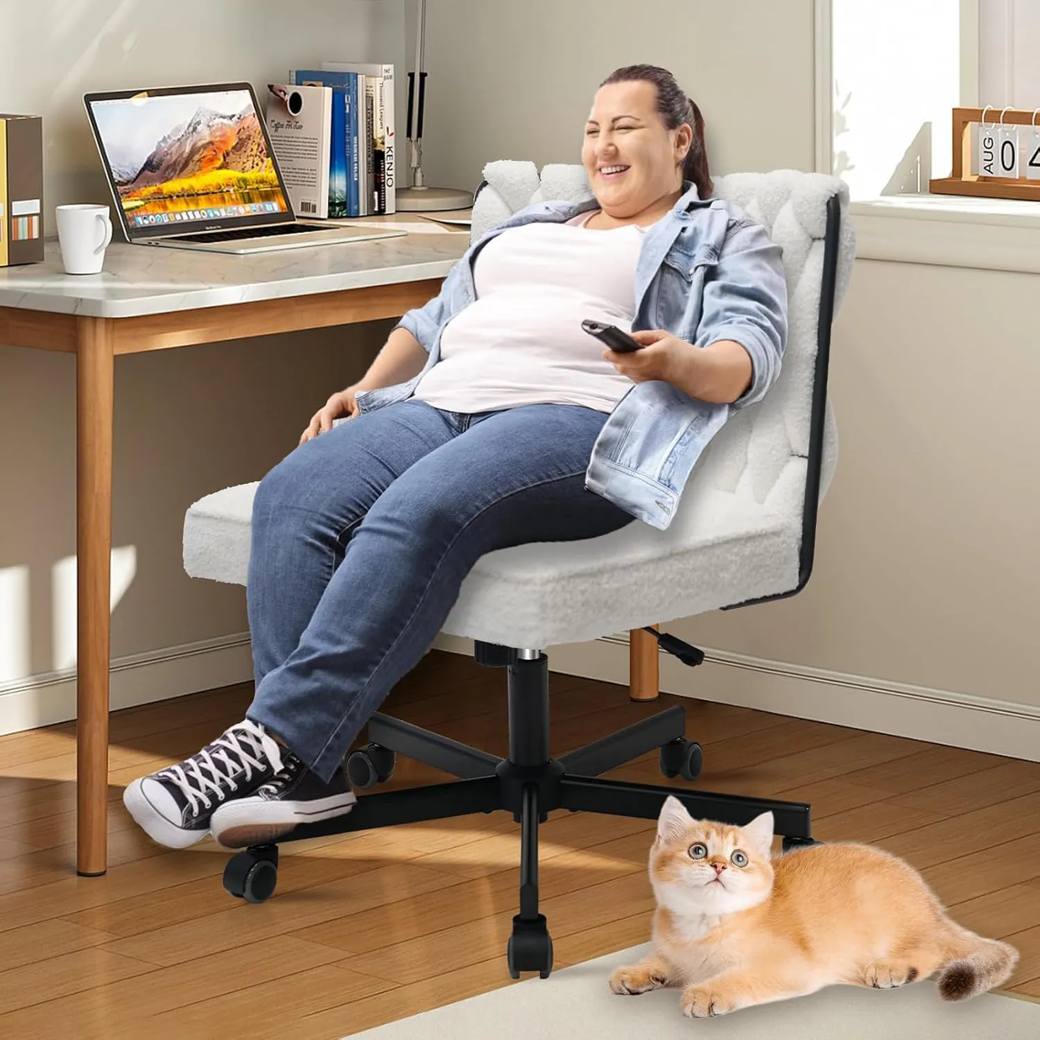 CLATINA Modern Armless Criss Cross Chair, Extra Wide Seat, Big and Tall 500LBS Heavy Duty Fabric Cross Legged Vanity Chair with Wheels, Oversize Computer Task Chair for Home Office Bedroom, White, 4PK