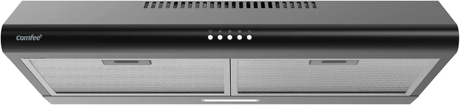 Comfee' Range Hood 30 inch, Under Cabinet Ducted/Ductless Convertible Slim Vent Hood, Durable Stainless Steel Kitchen Stove Hood, 3 Speed Exhaust Fan and 2 LED Lights Range Hood (Black)