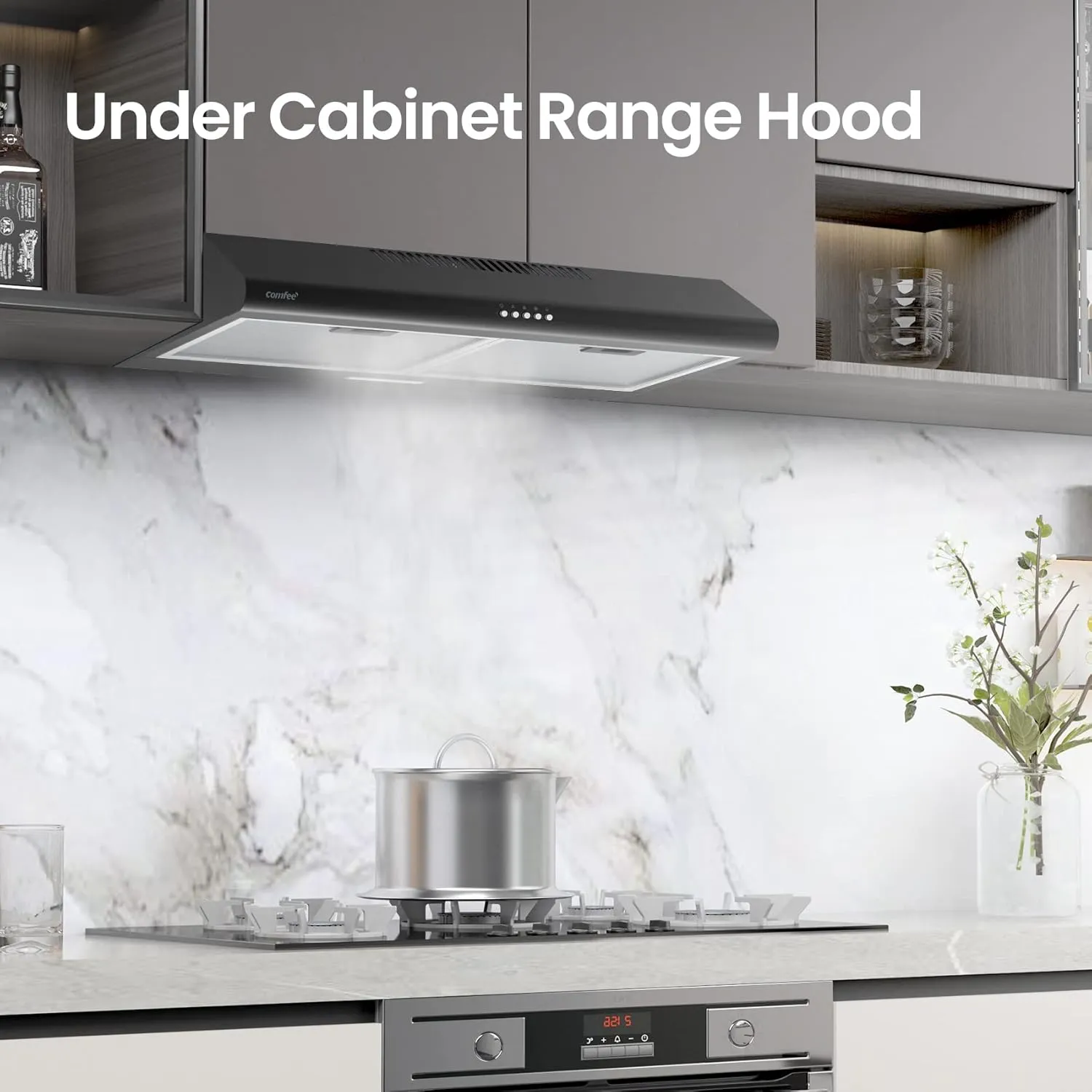 Comfee' Range Hood 30 inch, Under Cabinet Ducted/Ductless Convertible Slim Vent Hood, Durable Stainless Steel Kitchen Stove Hood, 3 Speed Exhaust Fan and 2 LED Lights Range Hood (Black)