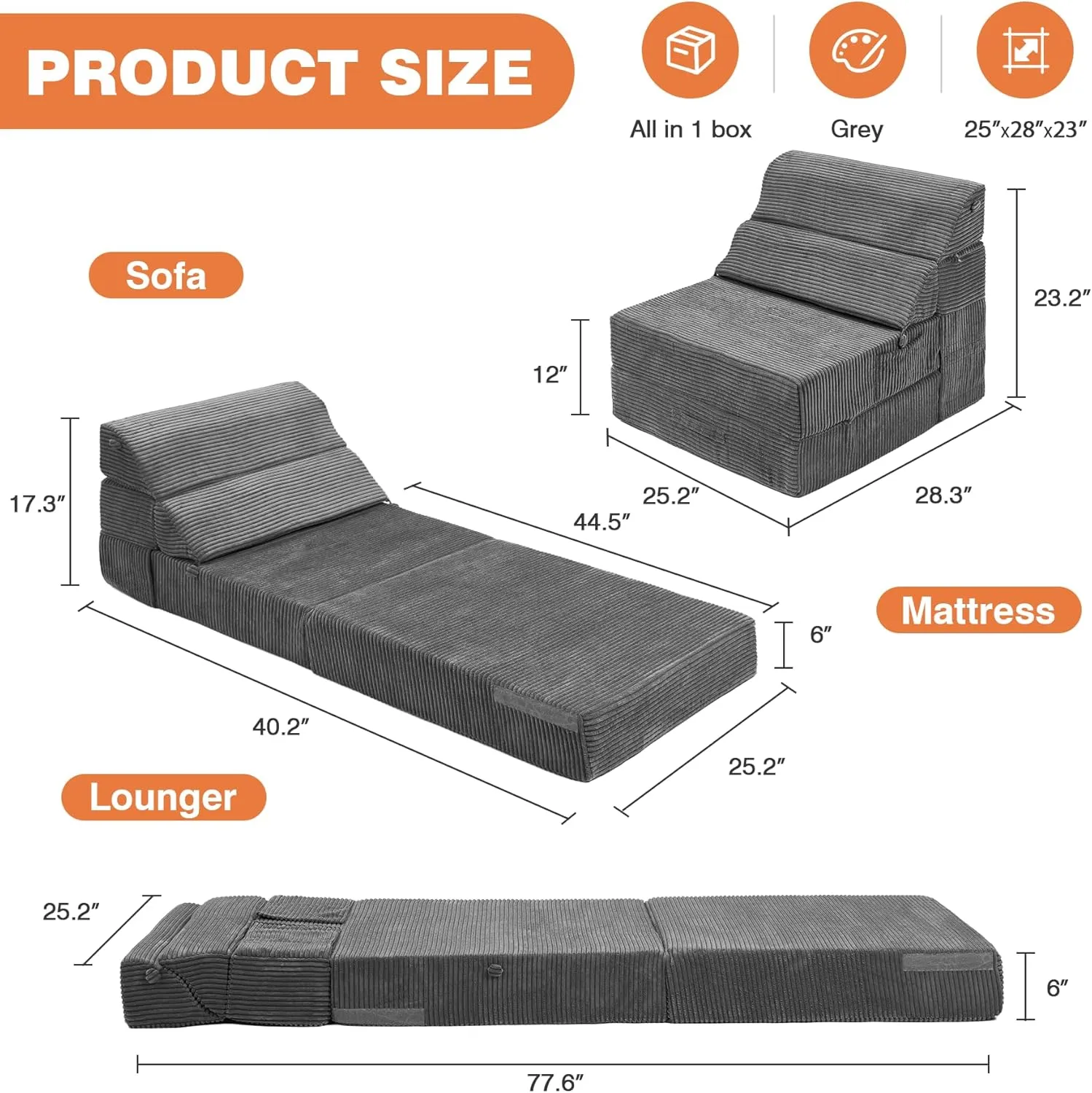 Comfy Folding Sofa Bed - Dark Grey Convertible Sleeper Sofa Fold Out Sleeper Chair Couch for Living Room Bedroom Guest, Corduroy Foldable Floor Chair Lounger Mattress with Back Support