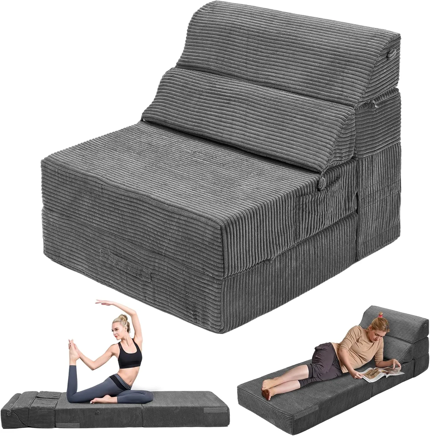 Comfy Folding Sofa Bed - Dark Grey Convertible Sleeper Sofa Fold Out Sleeper Chair Couch for Living Room Bedroom Guest, Corduroy Foldable Floor Chair Lounger Mattress with Back Support