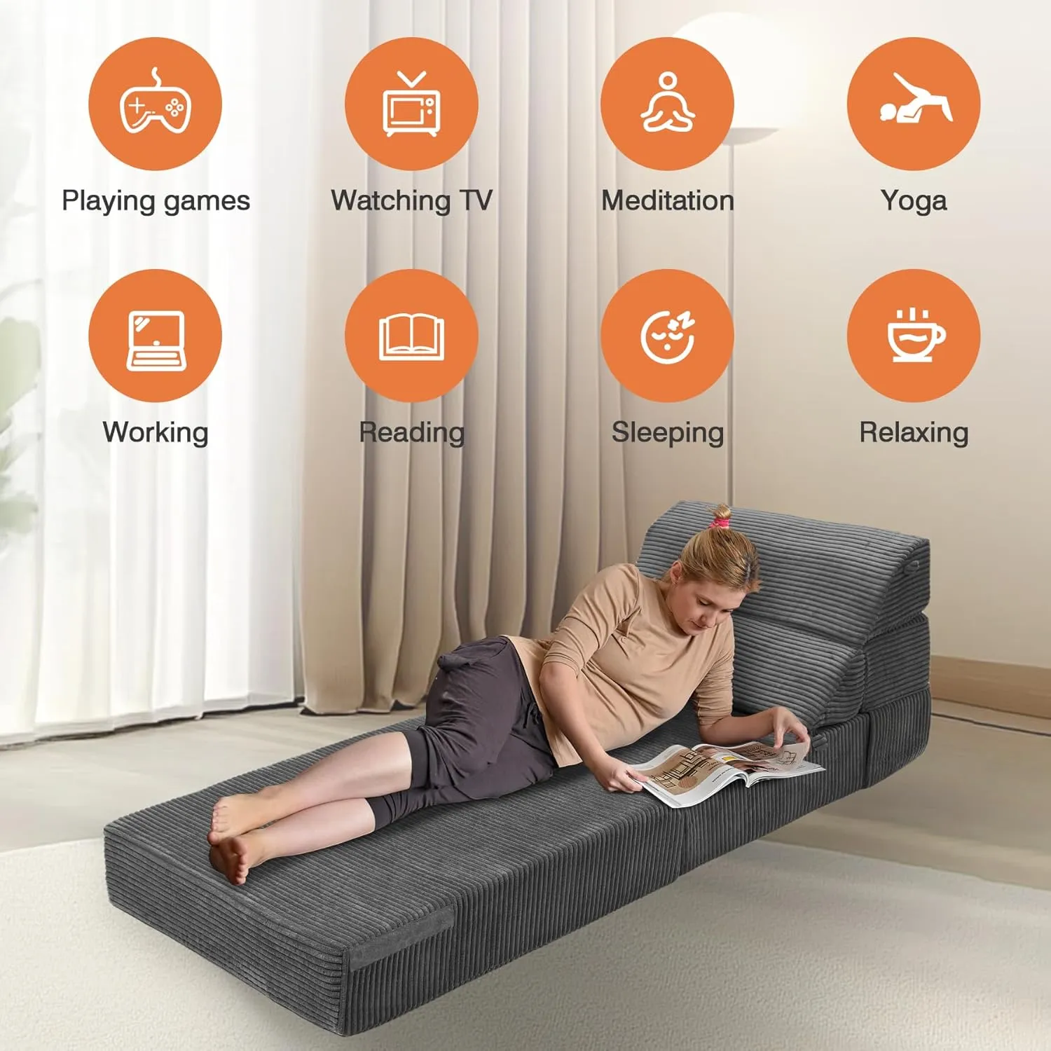 Comfy Folding Sofa Bed - Dark Grey Convertible Sleeper Sofa Fold Out Sleeper Chair Couch for Living Room Bedroom Guest, Corduroy Foldable Floor Chair Lounger Mattress with Back Support