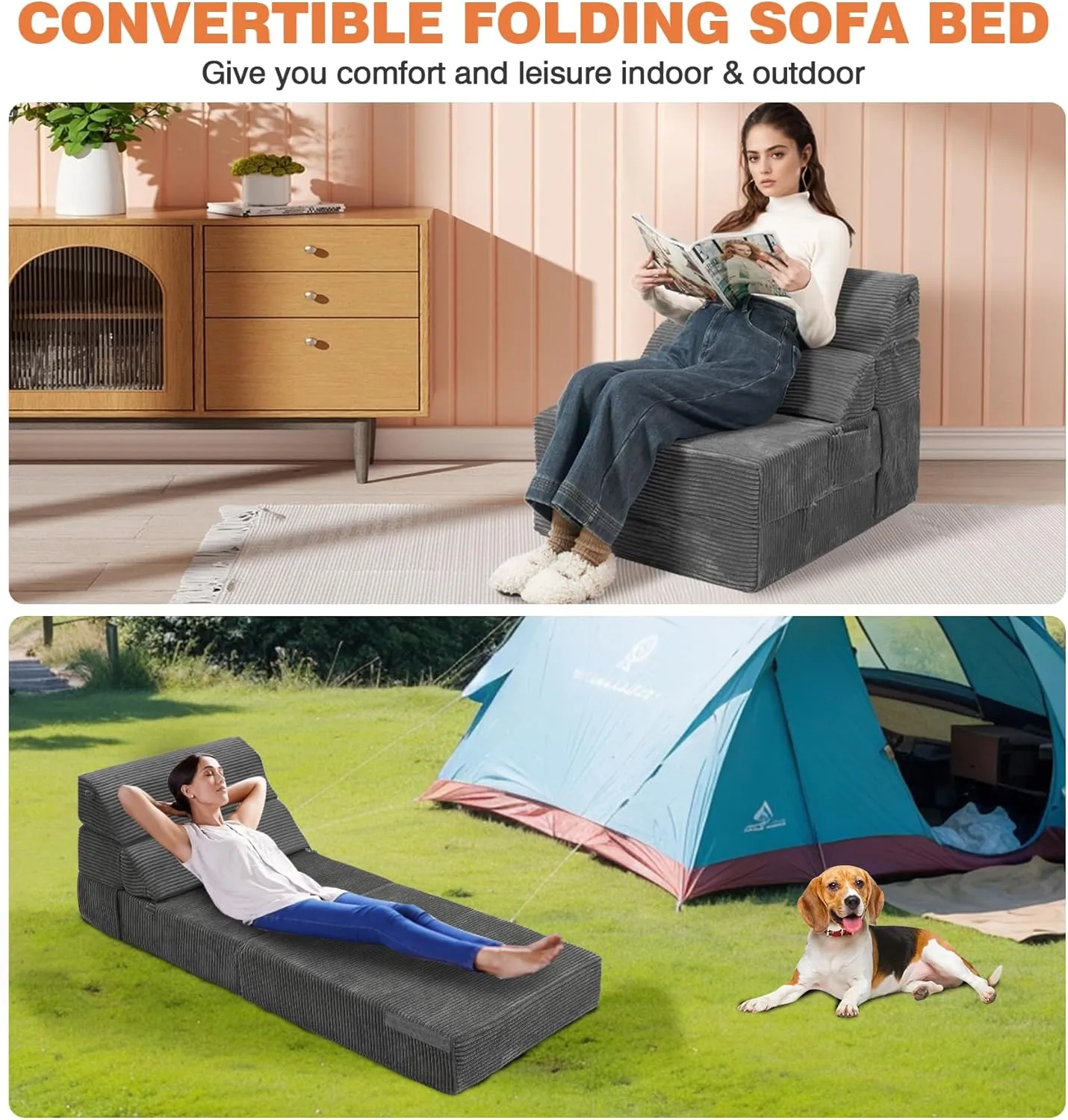 Comfy Folding Sofa Bed - Dark Grey Convertible Sleeper Sofa Fold Out Sleeper Chair Couch for Living Room Bedroom Guest, Corduroy Foldable Floor Chair Lounger Mattress with Back Support