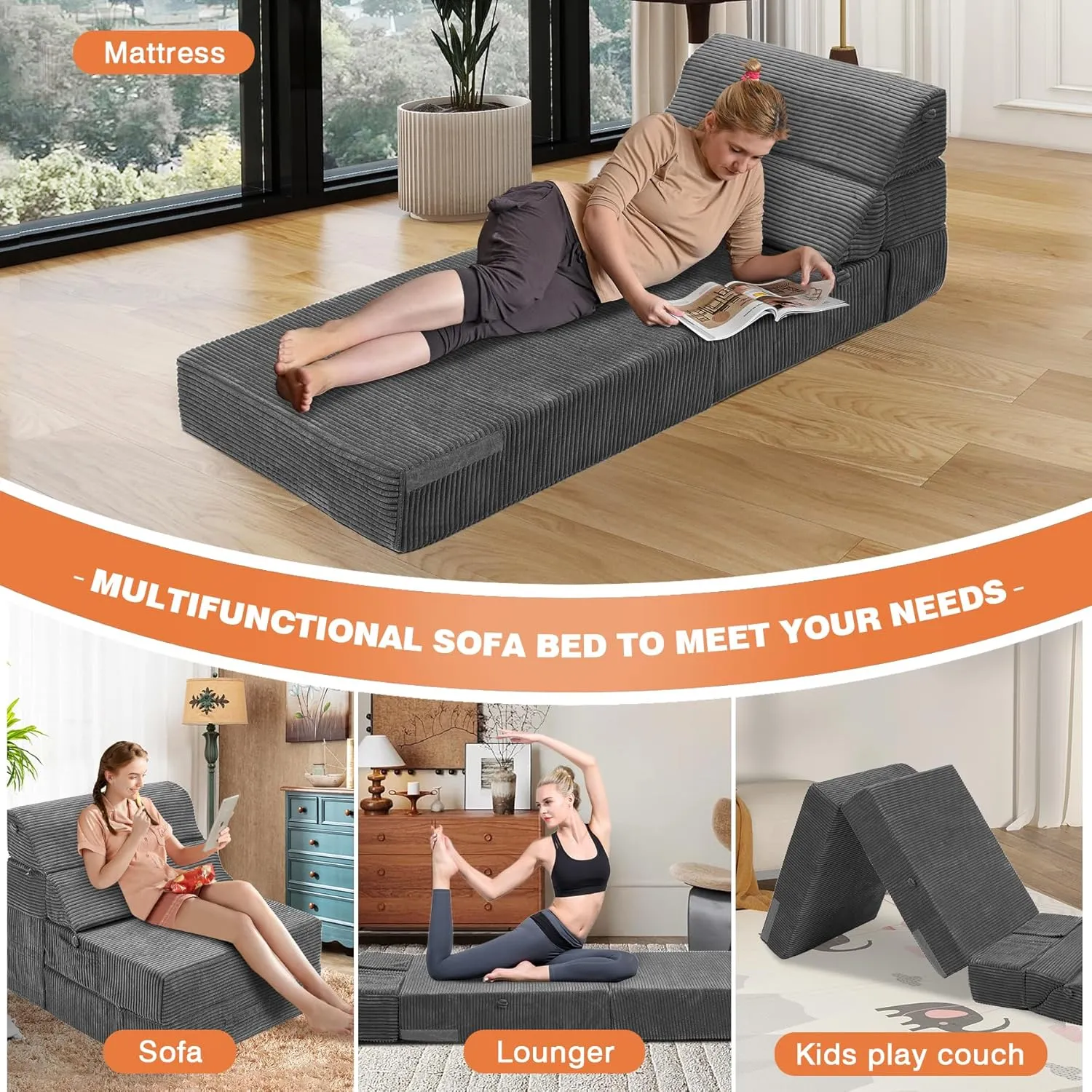 Comfy Folding Sofa Bed - Dark Grey Convertible Sleeper Sofa Fold Out Sleeper Chair Couch for Living Room Bedroom Guest, Corduroy Foldable Floor Chair Lounger Mattress with Back Support