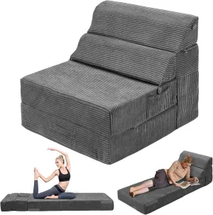 Comfy Folding Sofa Bed - Dark Grey Convertible Sleeper Sofa Fold Out Sleeper Chair Couch for Living Room Bedroom Guest, Corduroy Foldable Floor Chair Lounger Mattress with Back Support