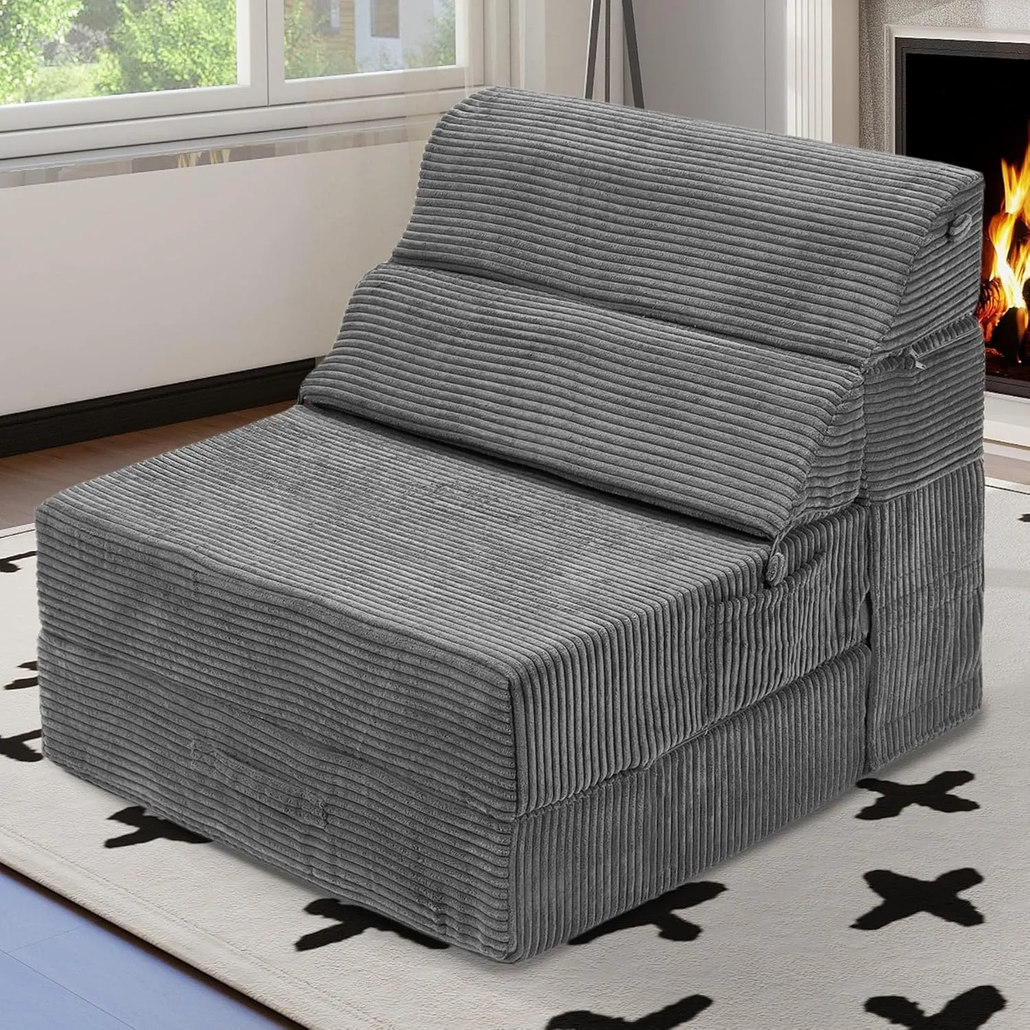 Comfy Folding Sofa Bed - Dark Grey Convertible Sleeper Sofa Fold Out Sleeper Chair Couch for Living Room Bedroom Guest, Corduroy Foldable Floor Chair Lounger Mattress with Back Support