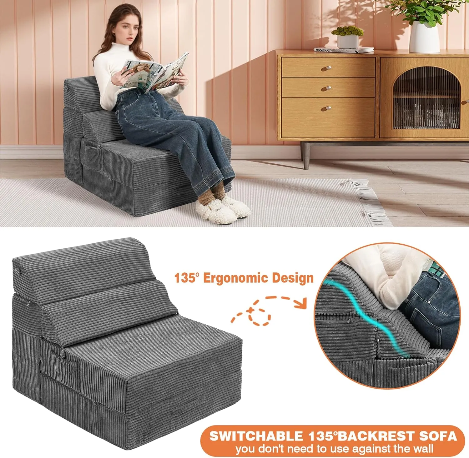Comfy Folding Sofa Bed - Dark Grey Convertible Sleeper Sofa Fold Out Sleeper Chair Couch for Living Room Bedroom Guest, Corduroy Foldable Floor Chair Lounger Mattress with Back Support