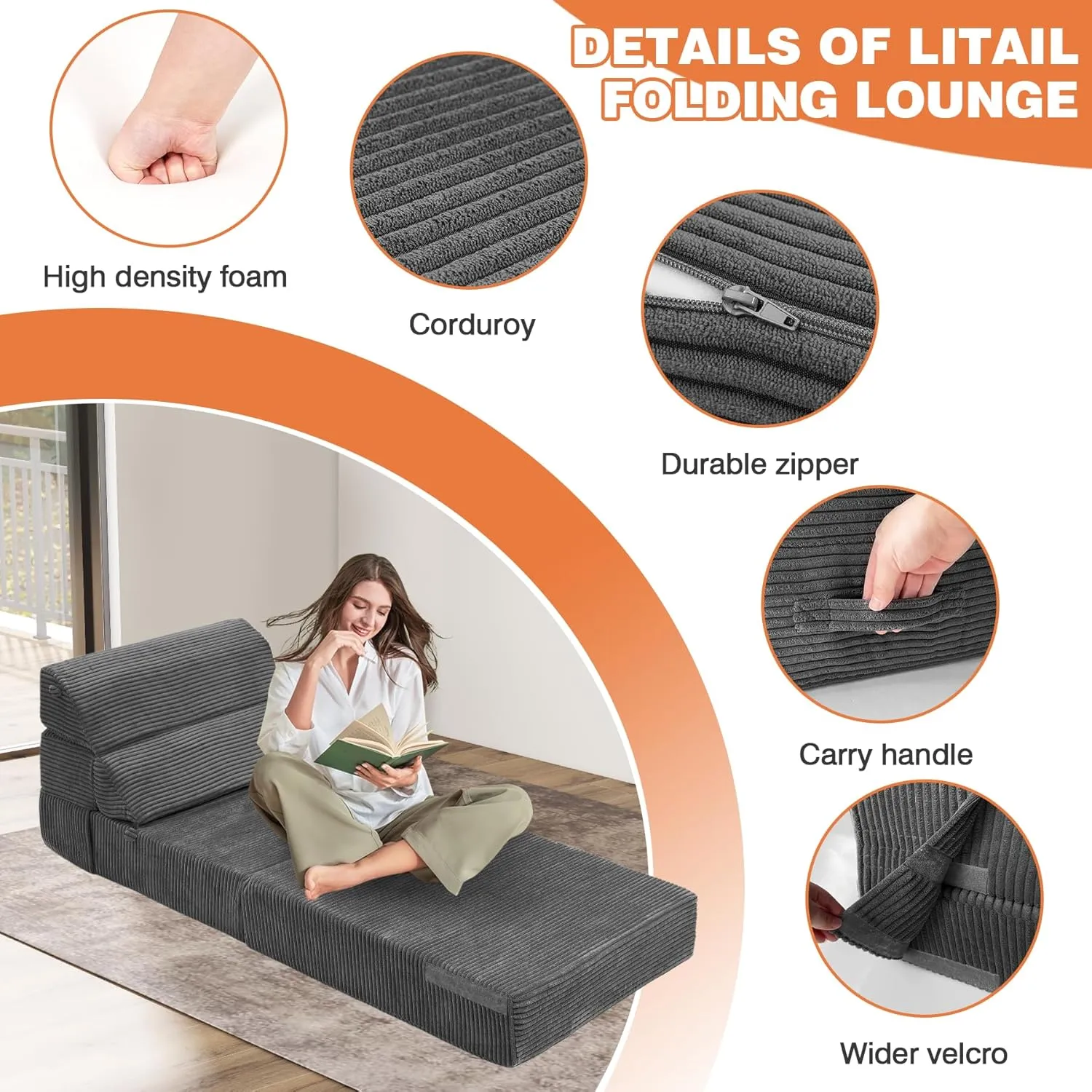 Comfy Folding Sofa Bed - Dark Grey Convertible Sleeper Sofa Fold Out Sleeper Chair Couch for Living Room Bedroom Guest, Corduroy Foldable Floor Chair Lounger Mattress with Back Support