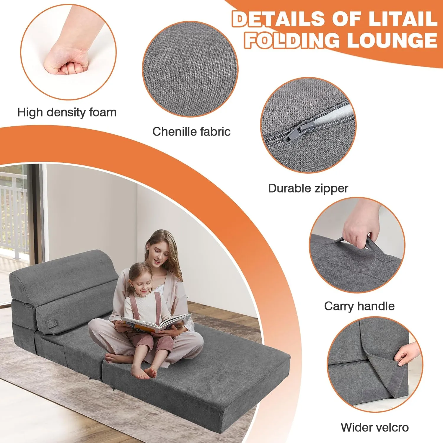 Comfy Folding Sofa Bed - Grey Convertible Sleeper Sofa Fold Out Sleeper Chair Couch for Living Room Bedroom Guest, Foldable Floor Chair Lounger Mattress with Back Support for Travel, Camping