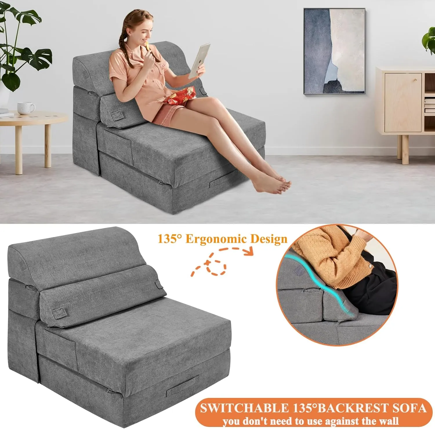 Comfy Folding Sofa Bed - Grey Convertible Sleeper Sofa Fold Out Sleeper Chair Couch for Living Room Bedroom Guest, Foldable Floor Chair Lounger Mattress with Back Support for Travel, Camping