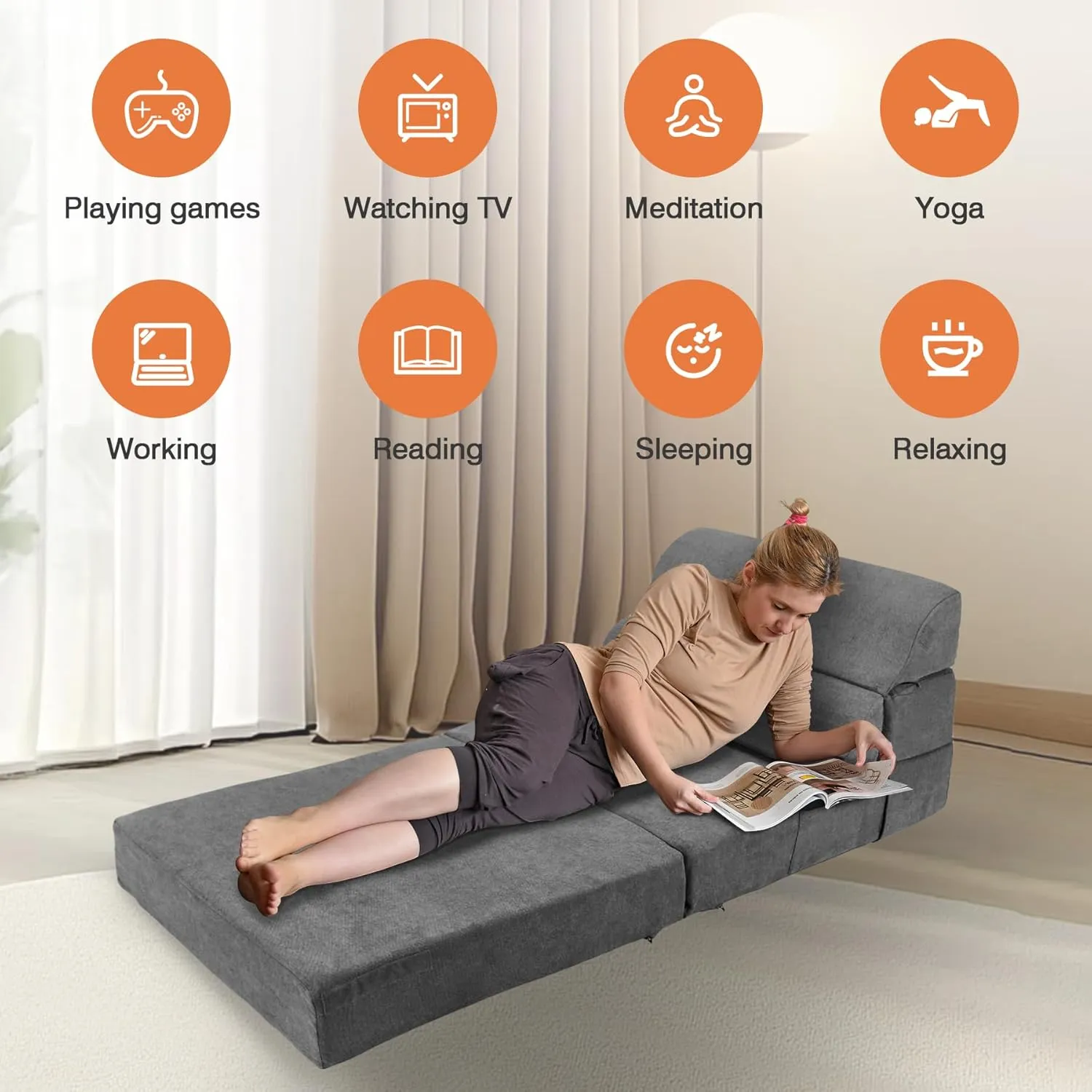 Comfy Folding Sofa Bed - Grey Convertible Sleeper Sofa Fold Out Sleeper Chair Couch for Living Room Bedroom Guest, Foldable Floor Chair Lounger Mattress with Back Support for Travel, Camping