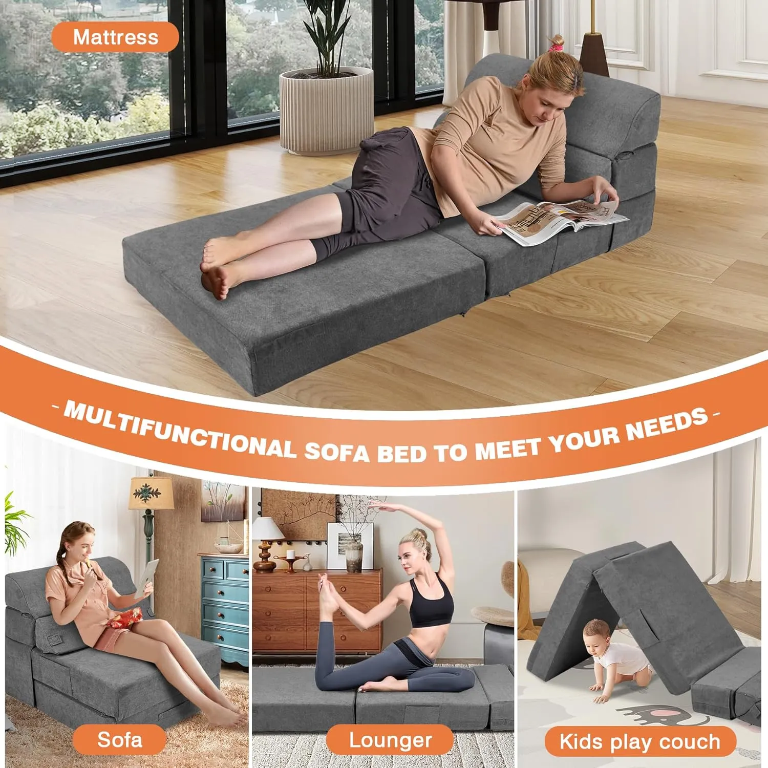Comfy Folding Sofa Bed - Grey Convertible Sleeper Sofa Fold Out Sleeper Chair Couch for Living Room Bedroom Guest, Foldable Floor Chair Lounger Mattress with Back Support for Travel, Camping
