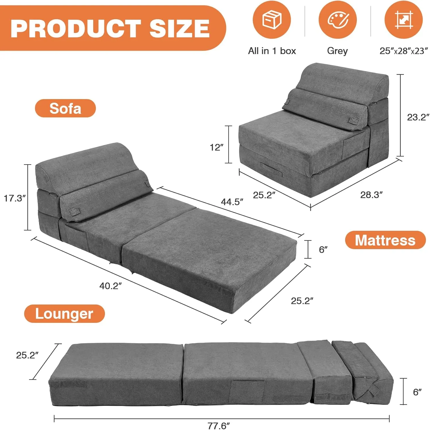 Comfy Folding Sofa Bed - Grey Convertible Sleeper Sofa Fold Out Sleeper Chair Couch for Living Room Bedroom Guest, Foldable Floor Chair Lounger Mattress with Back Support for Travel, Camping