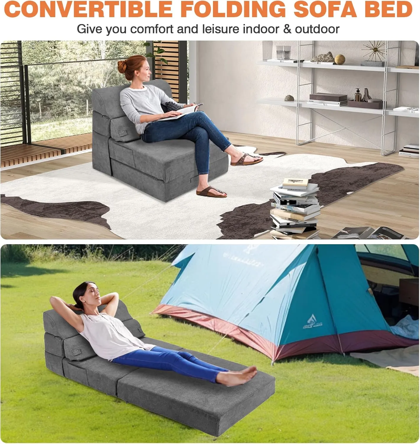 Comfy Folding Sofa Bed - Grey Convertible Sleeper Sofa Fold Out Sleeper Chair Couch for Living Room Bedroom Guest, Foldable Floor Chair Lounger Mattress with Back Support for Travel, Camping