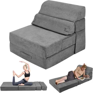 Comfy Folding Sofa Bed - Grey Convertible Sleeper Sofa Fold Out Sleeper Chair Couch for Living Room Bedroom Guest, Foldable Floor Chair Lounger Mattress with Back Support for Travel, Camping
