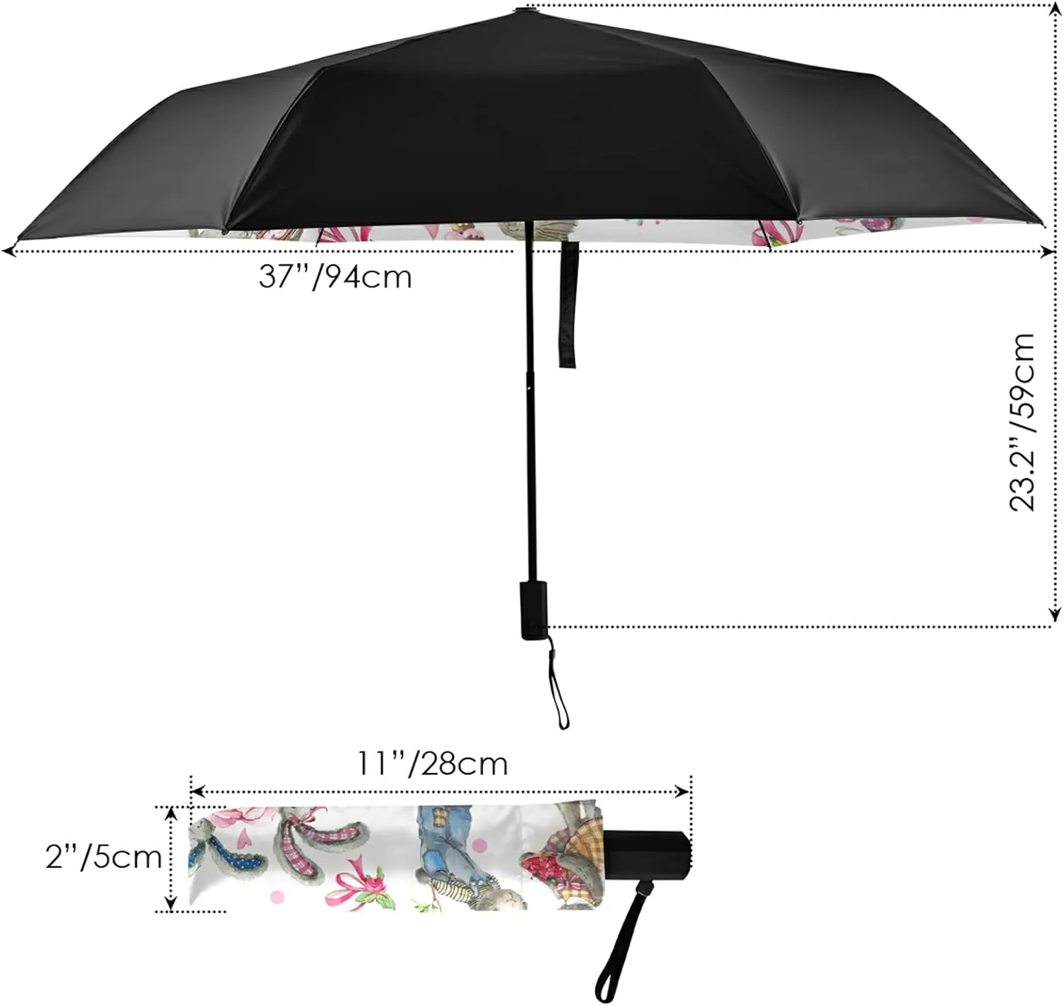 Compact Lightweight Folding Umbrella, Inner Print Sun Parasol with UV Protection, Strong Portable Travel Rain Umbrella