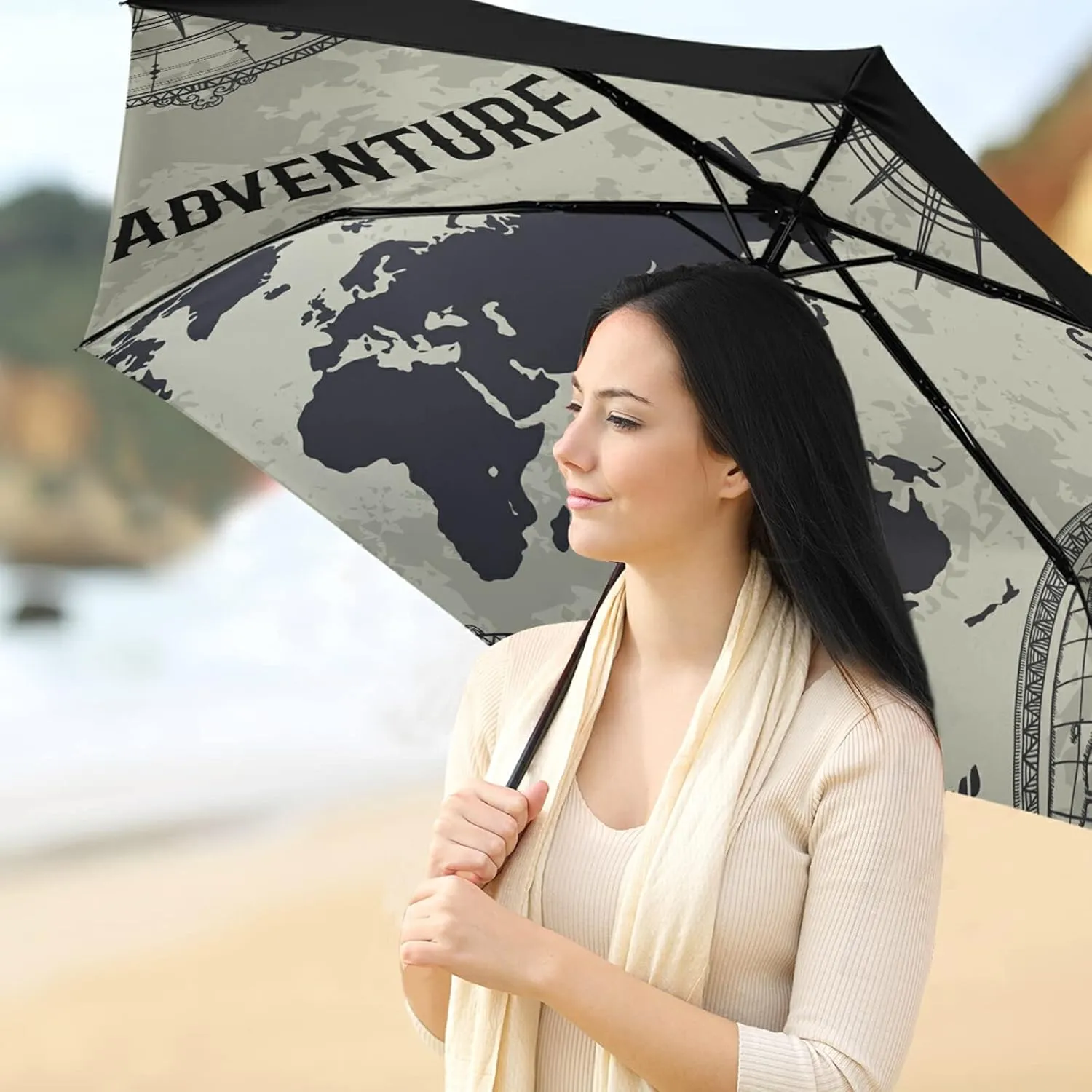 Compact Lightweight Folding Umbrella, Inner Print Sun Parasol with UV Protection, Strong Portable Travel Rain Umbrella