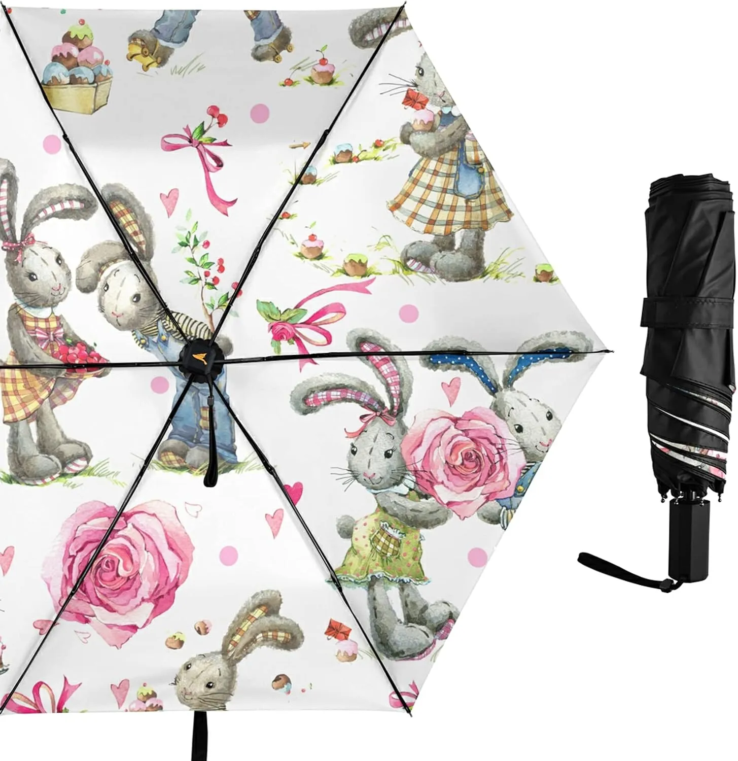 Compact Lightweight Folding Umbrella, Inner Print Sun Parasol with UV Protection, Strong Portable Travel Rain Umbrella