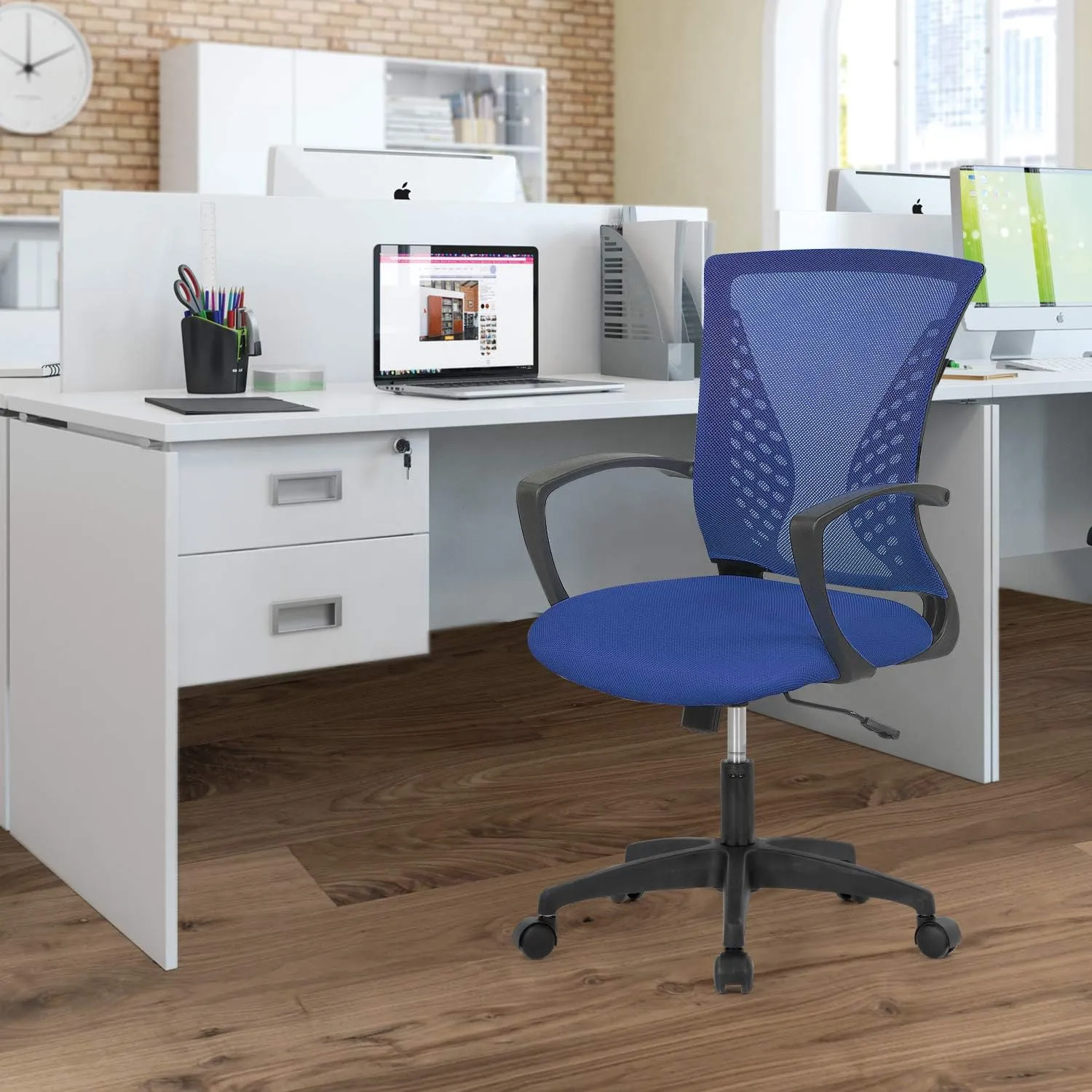 Conference Room Chairs Home Office Chair Ergonomic Desk Mesh Computer with Lumbar Support Armrest Mid Back Rolling Swivel Adjustable Task for Multiple Locations, Blue, 19.3x17.7x41.1 (MC-GF411)