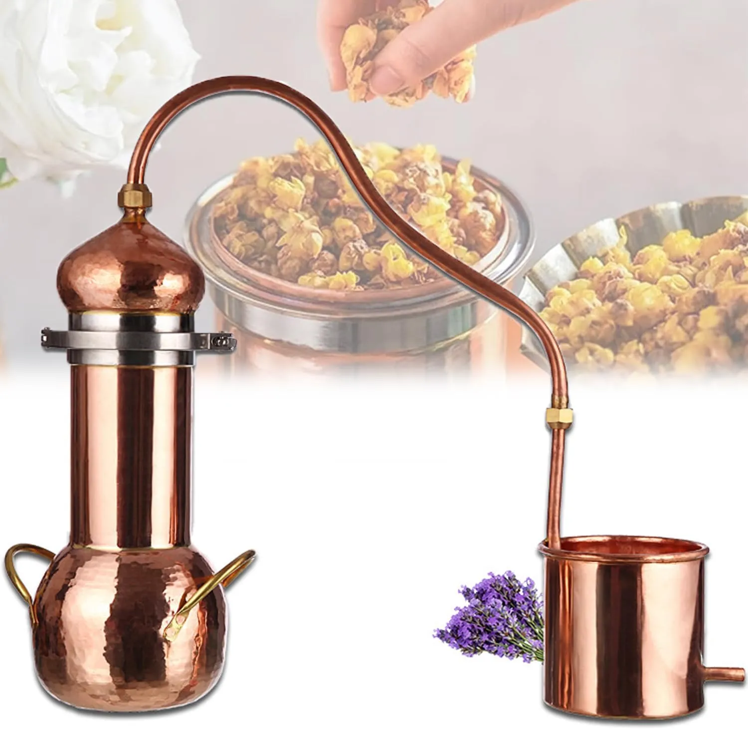 Copper Moonshine Still, 2L/3L Pure Copper Alembic Still, Household Small Fresh Flower Essential Oil Distiller, with Cooling Tube, for Whiskey, Moonshine Essential Oils, Distilled Hydrosol
