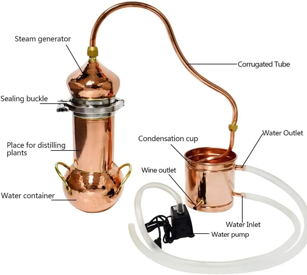 Copper Moonshine Still, 2L/3L Pure Copper Alembic Still, Household Small Fresh Flower Essential Oil Distiller, with Cooling Tube, for Whiskey, Moonshine Essential Oils, Distilled Hydrosol