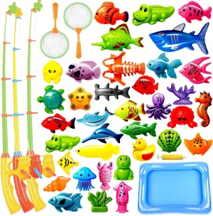 CozyBomB™ Magnetic Fishing Toys Game Set for Kids | Water Table Bathtub Kiddie Pool Party & Pole Rod Net, Plastic Floating Fish Toddler Color Ocean Sea Animals Birthday Age 3 4 5 6 Year