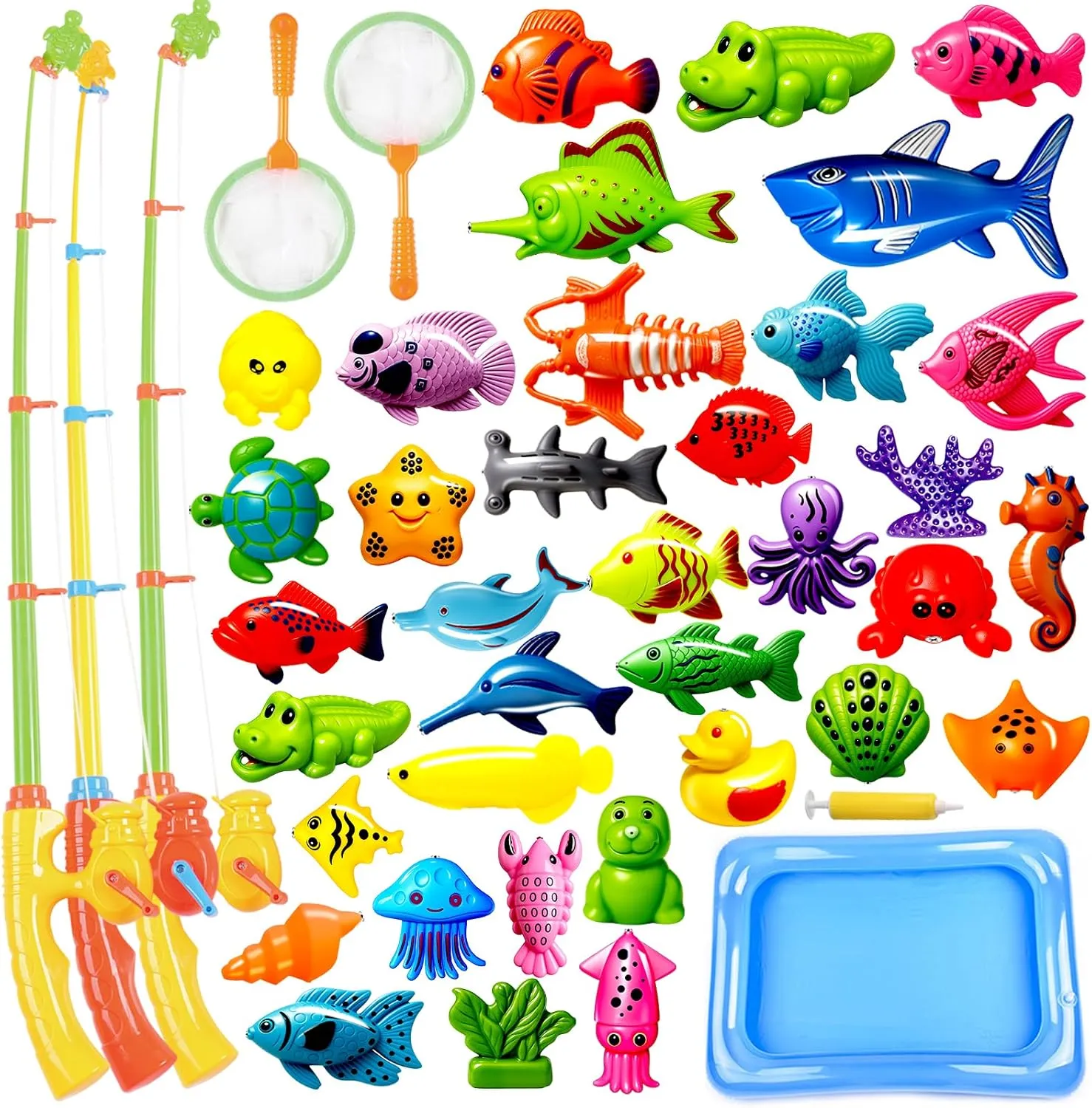 CozyBomB™ Magnetic Fishing Toys Game Set for Kids | Water Table Bathtub Kiddie Pool Party & Pole Rod Net, Plastic Floating Fish Toddler Color Ocean Sea Animals Birthday Age 3 4 5 6 Year